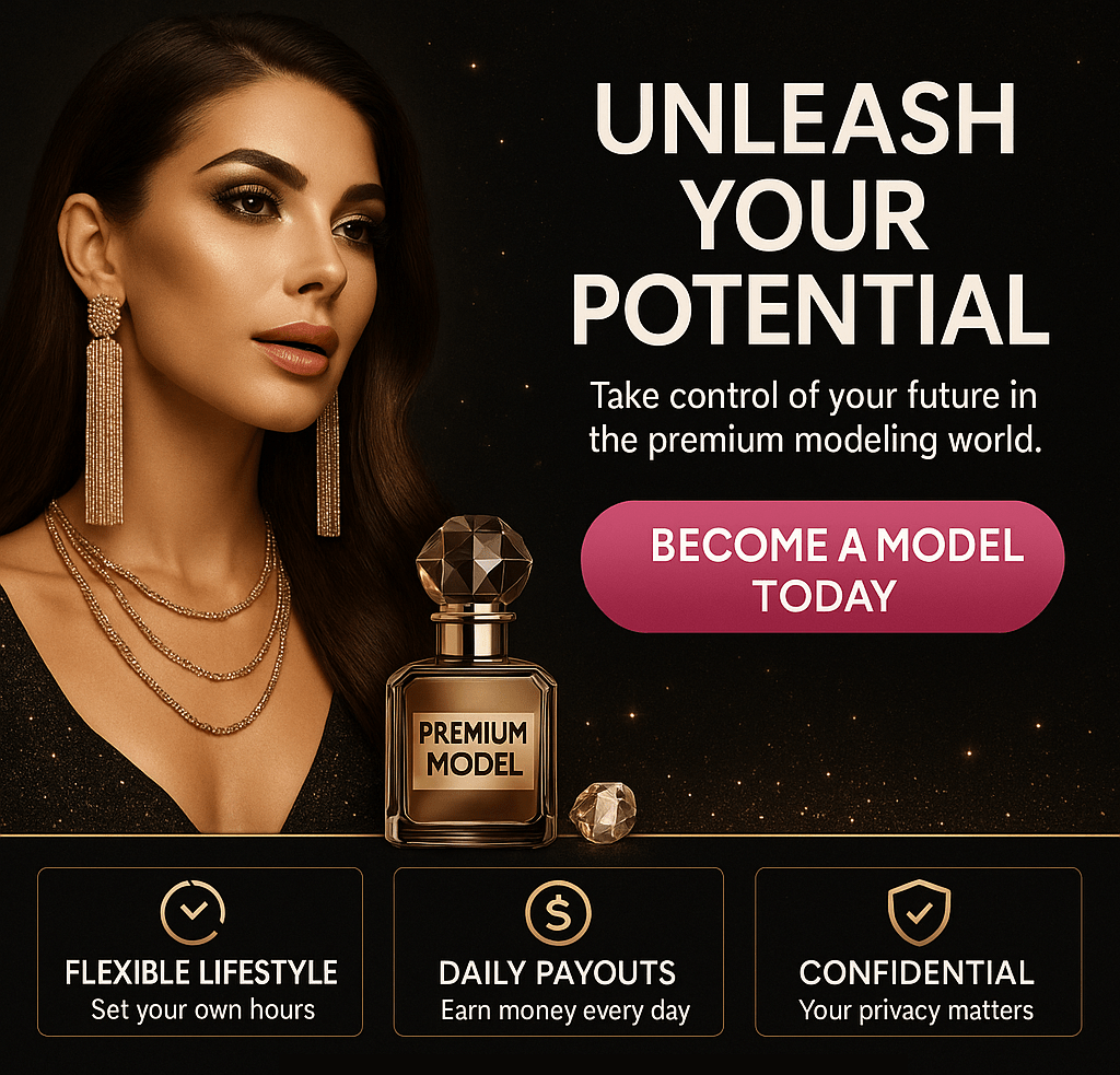 A glamorous woman with long hair wearing statement earrings and layered necklaces, alongside a luxurious perfume bottle labeled 'PREMIUM MODEL'. The background is dark with golden speckles, and text encourages viewers to 'UNLEASH YOUR POTENTIAL' and 'BECOME A MODEL TODAY'.